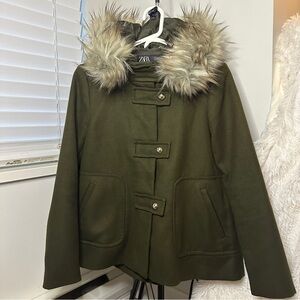 Zara Black Label Fur Hood Wool Like Green Jacket Winter Coat XS Zipper Button